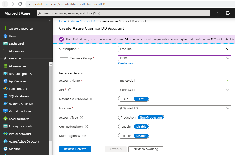 Create Cosmos DB in Azure
